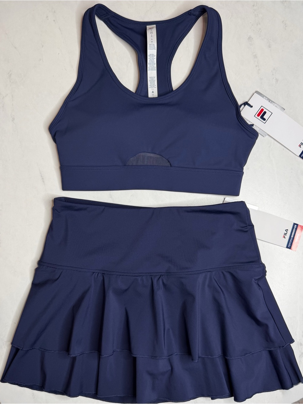 FILA Navy Blue Tennis Set Sports Bra Tiered Skirt Paddle